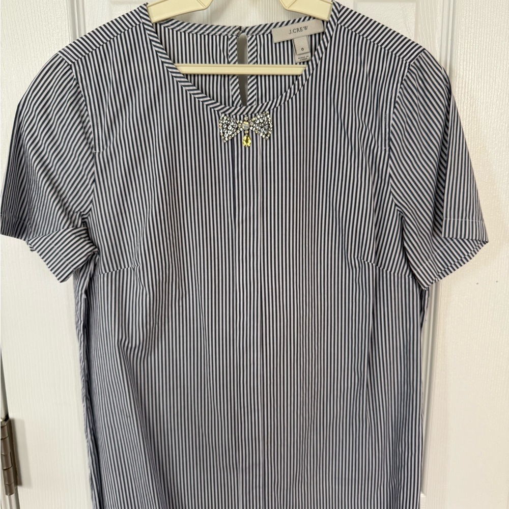 J. Crew Navy & White Pinstripe Short Sleeve Top with Embellished Brooch
